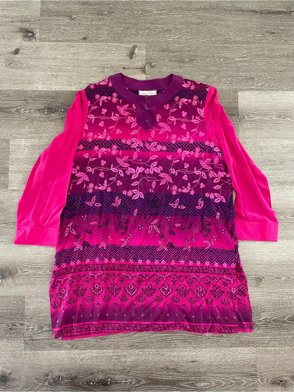 Diane Gilman Art to Wear 100% Silk Fuchsia & Magenta Floral Tunic dress XL goth